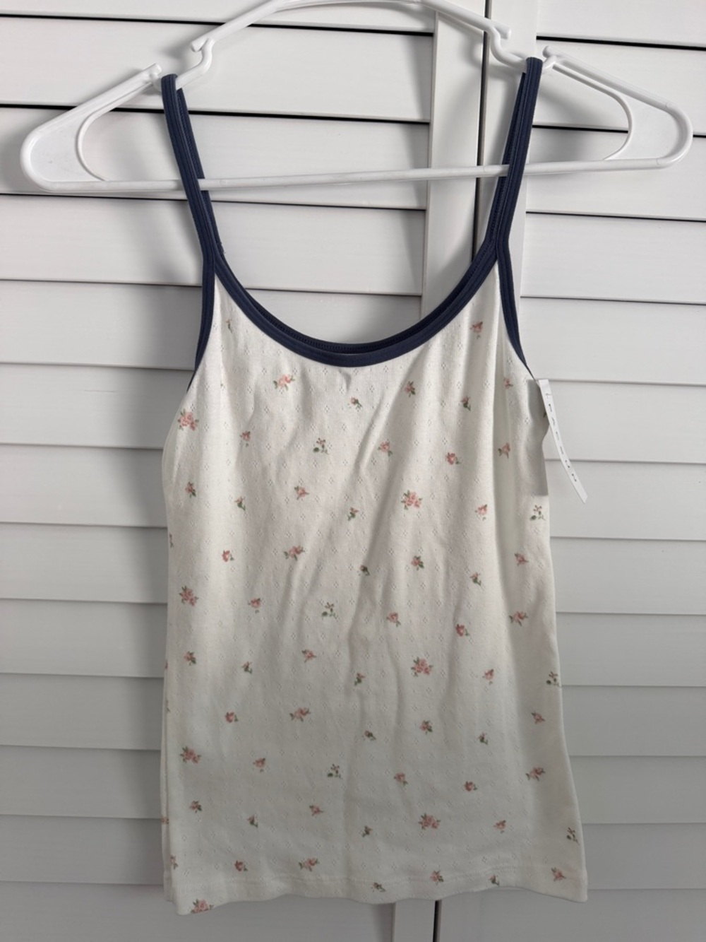 Brandy Melville White Floral Eyelet Tank with Navy Trim